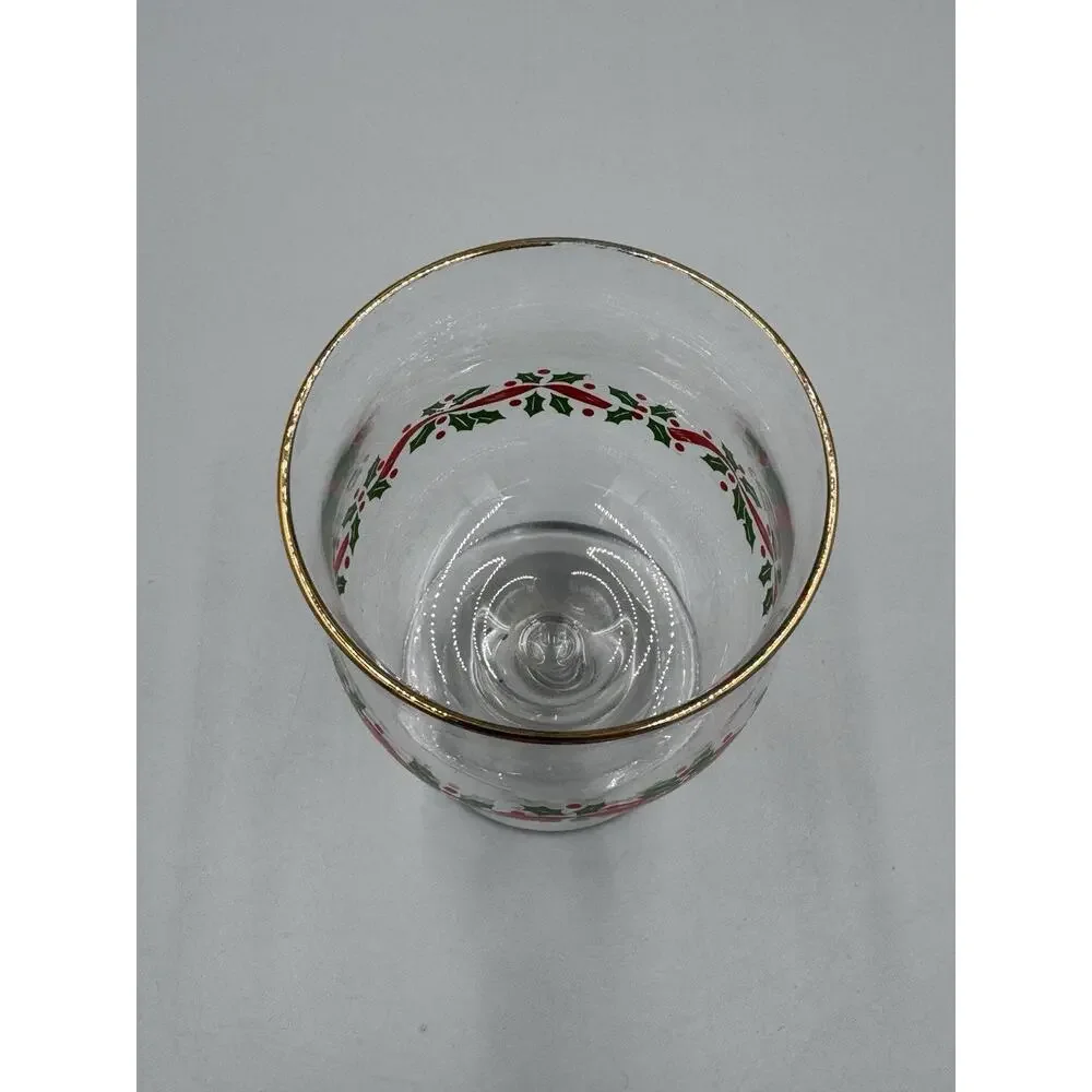 Libbey Christmas Holly Berry Ribbon Goblets Gold Rimmed Holiday Glasses Set Of 2